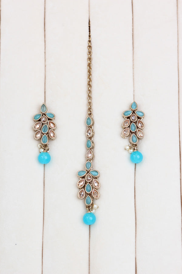 Sky Blue Single Layer Polki Necklace With Sky Blue Colour Center Stone (NS003-SB-Polki-Box1)