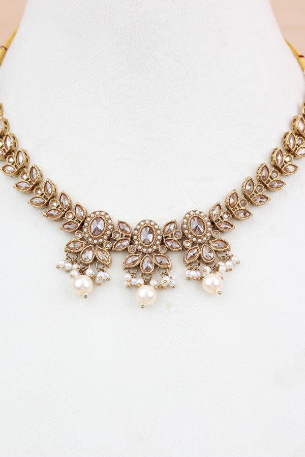 Gold Light Weight And Flexible Necklace Set With Attached Pearls  (NS004-GO-Polki-Box1)