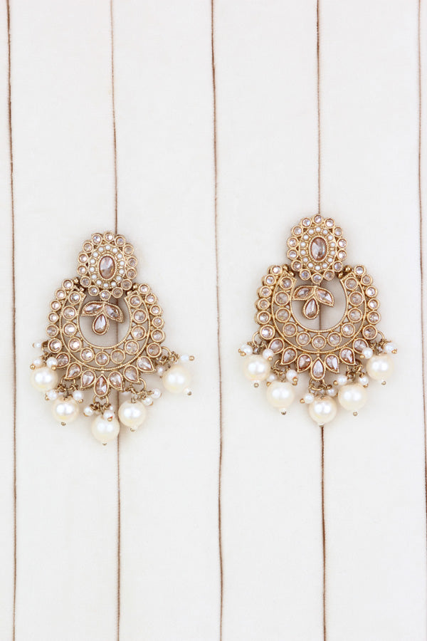 Gold Light Weight And Flexible Necklace Set With Attached Pearls  (NS004-GO-Polki-Box1)