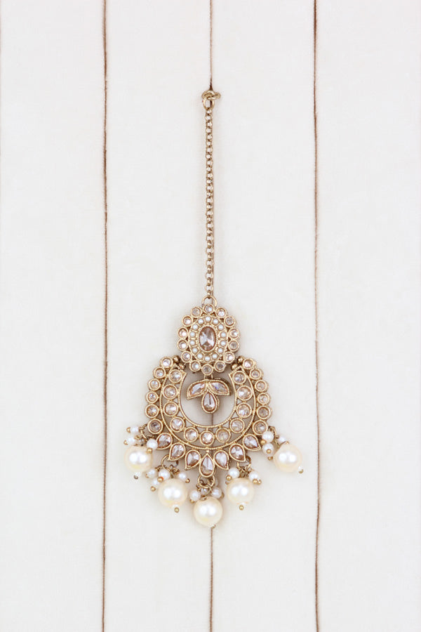 Gold Light Weight And Flexible Necklace Set With Attached Pearls  (NS004-GO-Polki-Box1)