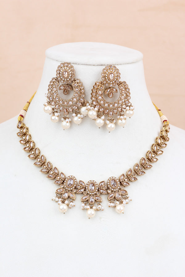 Gold Light Weight And Flexible Necklace Set With Attached Pearls  (NS004-GO-Polki-Box1)