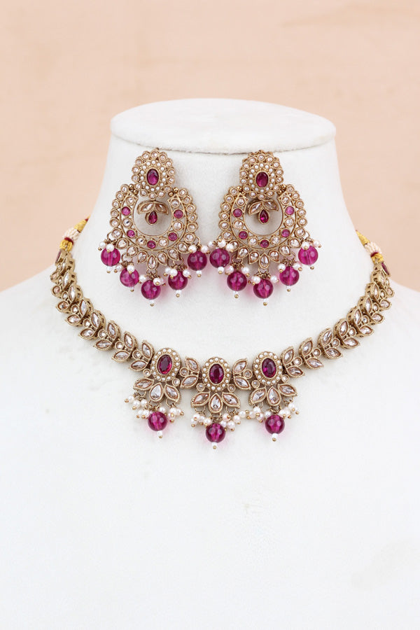 Lavender Light Weight And Flexible Necklace Set With Attached Pearls  (NS004-LAV-Polki-Box1)
