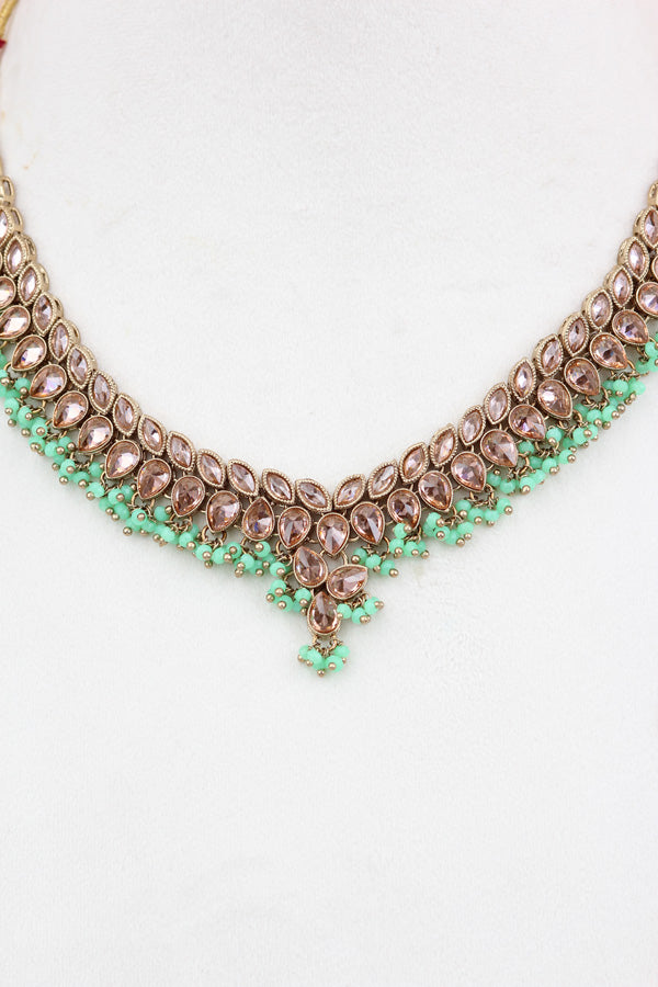 Green Petit And Double Layer Necklace Set (NS005-G-Polki-Box1)