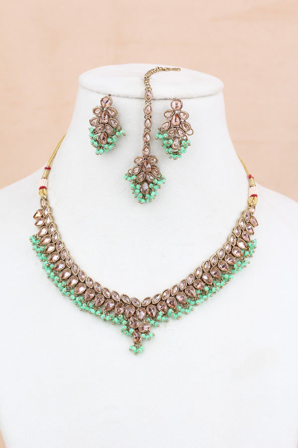 Green Petit And Double Layer Necklace Set (NS005-G-Polki-Box1)