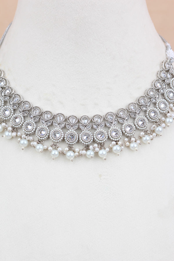 White Small And Elegant Set With White Pearls Attached Also matching earrings and tikka  (NS006-Polki-Box1)