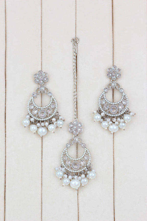 White Small And Elegant Set With White Pearls Attached Also matching earrings and tikka  (NS006-Polki-Box1)