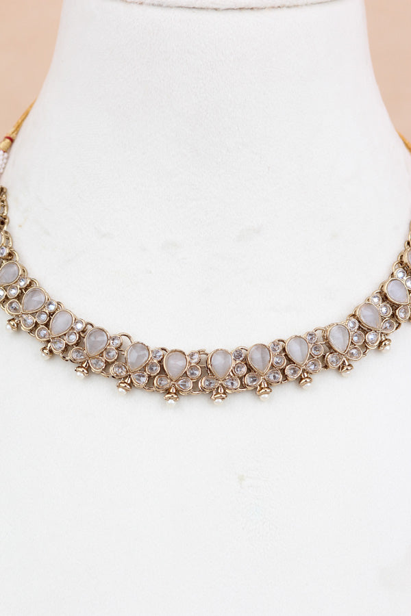 Grey Small Single Line Polki Necklace With Small Earrings And Matching Tikka (NS007-GY-Polki-B1)