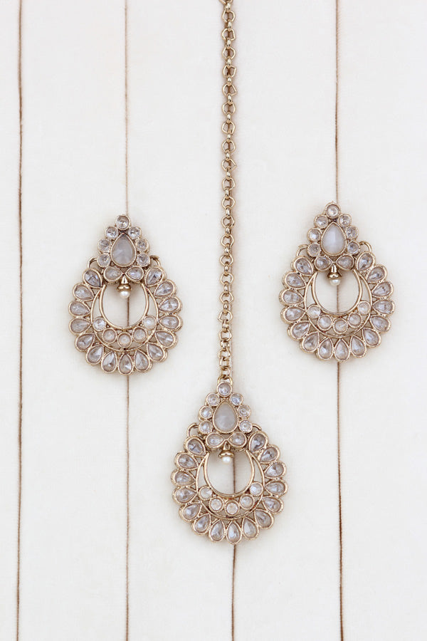Grey Small Single Line Polki Necklace With Small Earrings And Matching Tikka (NS007-GY-Polki-B1)