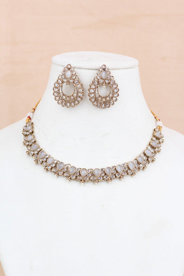 Grey Small Single Line Polki Necklace With Small Earrings And Matching Tikka (NS007-GY-Polki-B1)