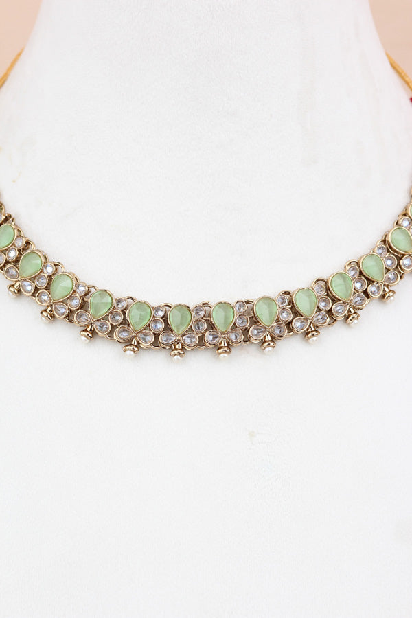 Light Green Small Single Line Polki Necklace With Small Earrings And Matching Tikka (NS007-LG-Polki-B1)