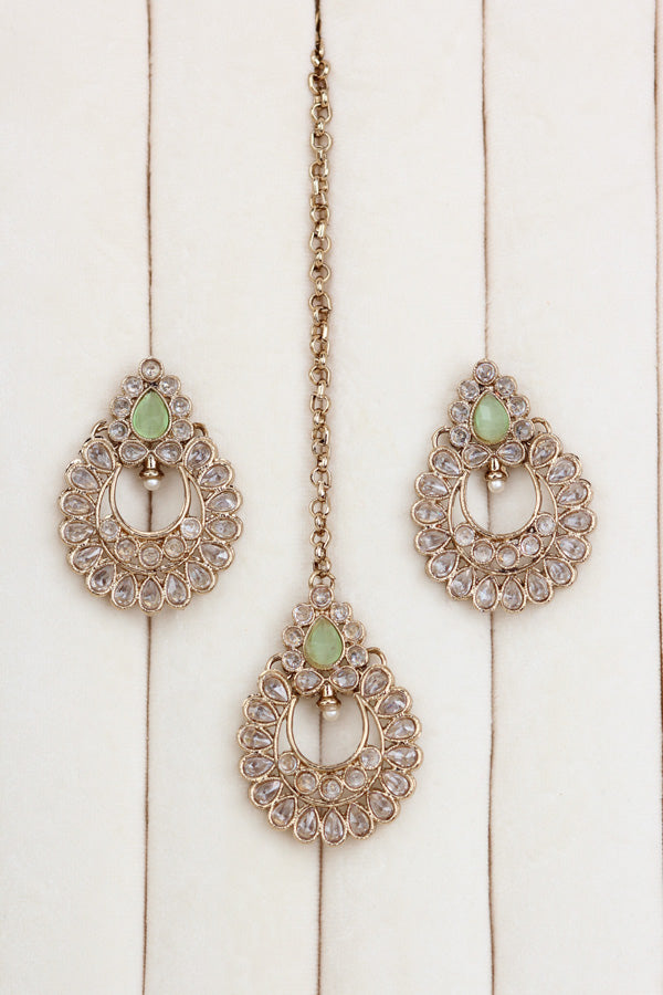 Light Green Small Single Line Polki Necklace With Small Earrings And Matching Tikka (NS007-LG-Polki-B1)