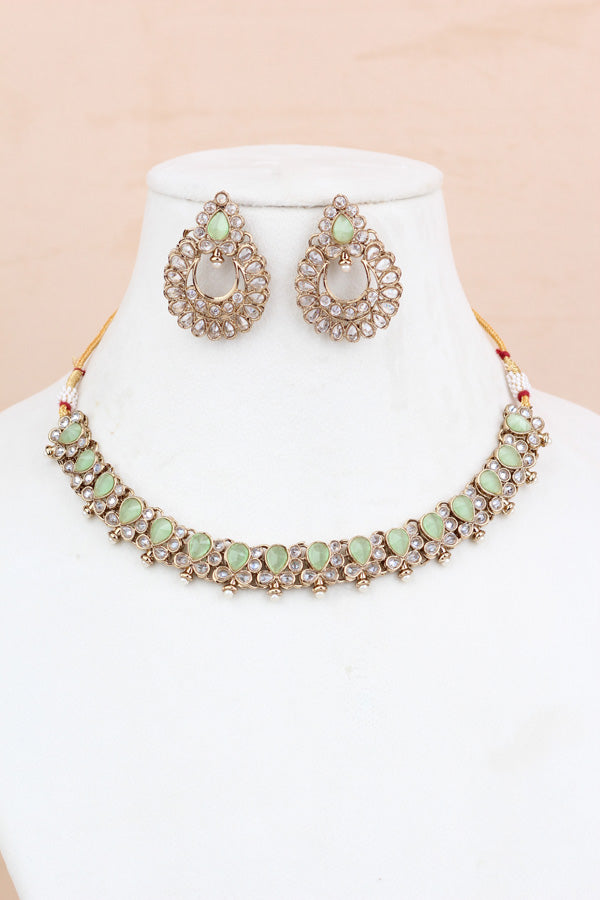 Light Green Small Single Line Polki Necklace With Small Earrings And Matching Tikka (NS007-LG-Polki-B1)