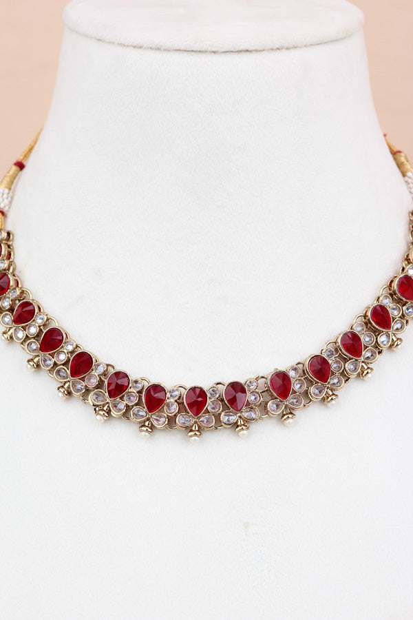 Red Small Single Line Polki Necklace With Small Earrings And Matching Tikka (NS007-R-Polki-B1)
