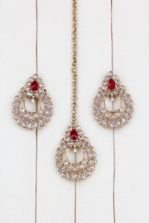 Red Small Single Line Polki Necklace With Small Earrings And Matching Tikka (NS007-R-Polki-B1)