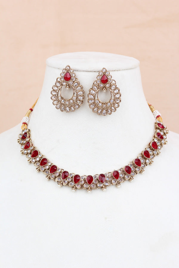 Red Small Single Line Polki Necklace With Small Earrings And Matching Tikka (NS007-R-Polki-B1)