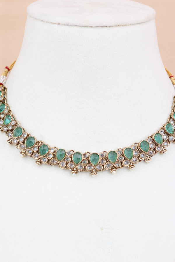 Turquoise Green Small Single Line Polki Necklace With Small Earrings And Matching Tikka (NS007-TG-Polki-B1)
