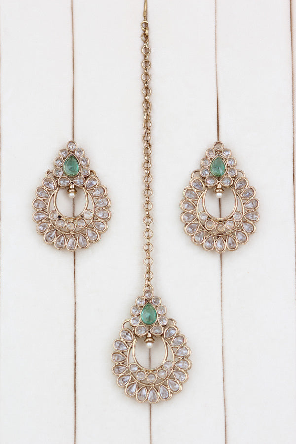Turquoise Green Small Single Line Polki Necklace With Small Earrings And Matching Tikka (NS007-TG-Polki-B1)