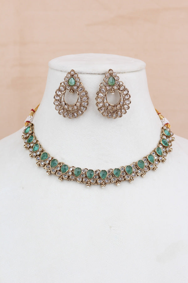 Turquoise Green Small Single Line Polki Necklace With Small Earrings And Matching Tikka (NS007-TG-Polki-B1)