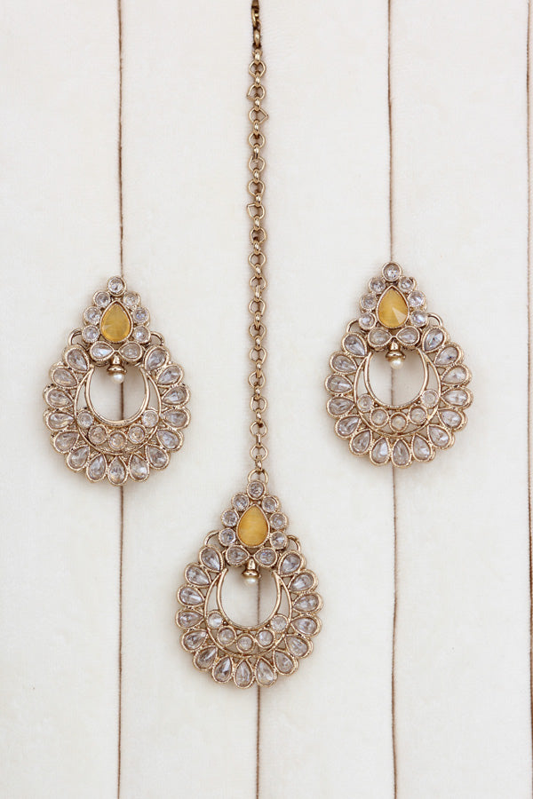 Yellow Small Single Line Polki Necklace With Small Earrings And Matching Tikka (NS007-Y-Polki-B1)