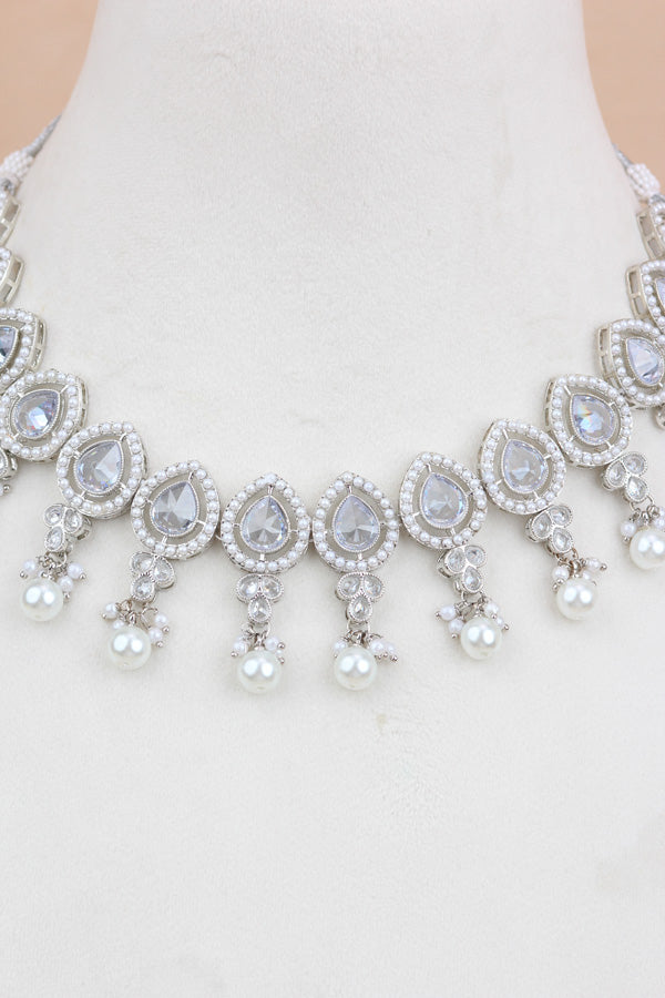 White Silver Polish And Light Weight Necklace Set With Pearls Attached Also Matching Earrings And Tikka  (NS008-Polki-Box1)