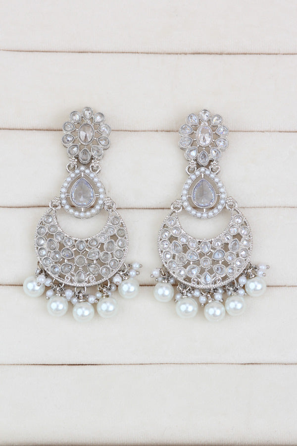 White Silver Polish And Light Weight Necklace Set With Pearls Attached Also Matching Earrings And Tikka  (NS008-Polki-Box1)