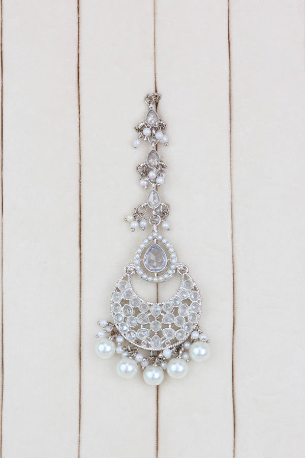 White Silver Polish And Light Weight Necklace Set With Pearls Attached Also Matching Earrings And Tikka  (NS008-Polki-Box1)
