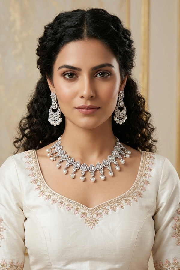White Silver Polish And Light Weight Necklace Set With Pearls Attached Also Matching Earrings And Tikka 