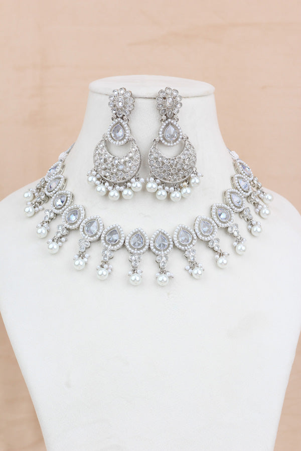 White Silver Polish And Light Weight Necklace Set With Pearls Attached Also Matching Earrings And Tikka  (NS008-Polki-Box1)