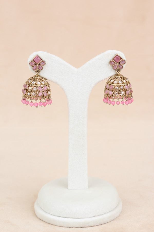 Pink Light Weight Polki Necklace Set In Pink Colour And With Small Pendants Also Matching Earrings And Tikka (NS009-P-Polki-Box1)