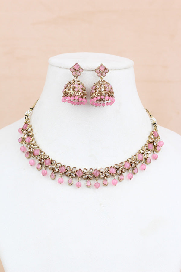 Pink Light Weight Polki Necklace Set In Pink Colour And With Small Pendants Also Matching Earrings And Tikka (NS009-P-Polki-Box1)