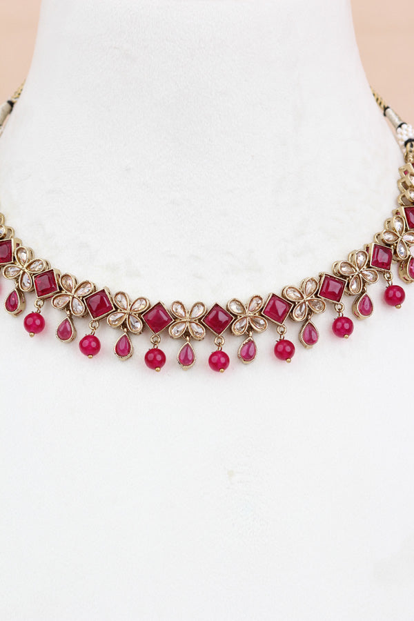 Red Light Weight Polki Necklace Set In Red Colour And With Small Pendants Also Matching Earrings And Tikka (NS009-R-Polki-Box1)