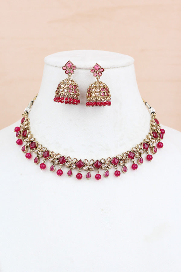 Red Light Weight Polki Necklace Set In Red Colour And With Small Pendants Also Matching Earrings And Tikka (NS009-R-Polki-Box1)