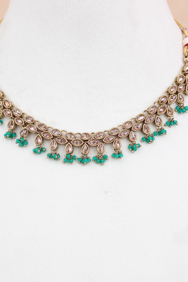 Green Petit Polki Necklace With Matching Earring And Tikka  (NS010-G-Polki-B1)