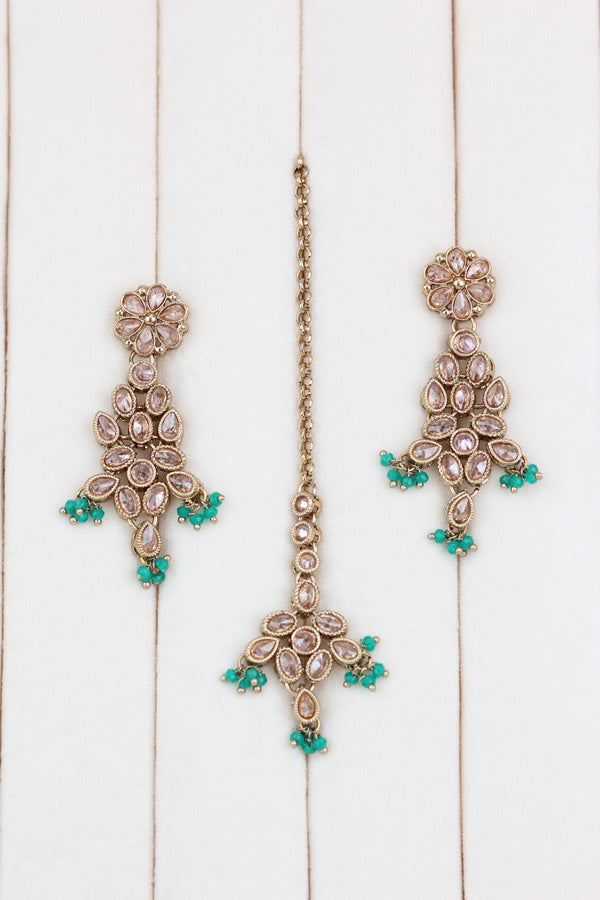 Green Petit Polki Necklace With Matching Earring And Tikka  (NS010-G-Polki-B1)
