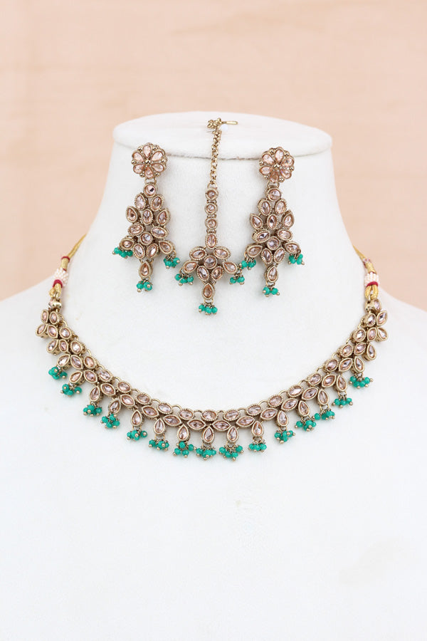 Green Petit Polki Necklace With Matching Earring And Tikka  (NS010-G-Polki-B1)