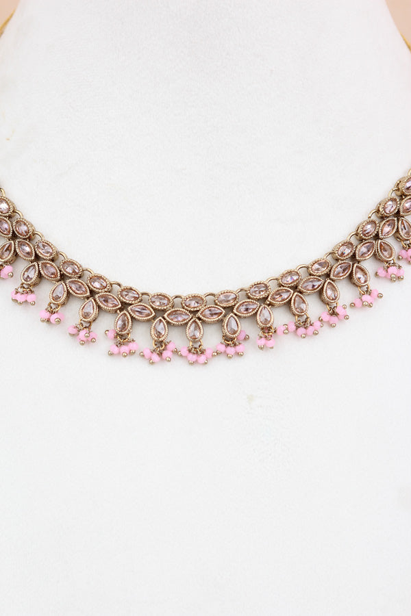 Pink Petit Polki Necklace With Matching Earring And Tikka  (NS010-P-Polki-B1)