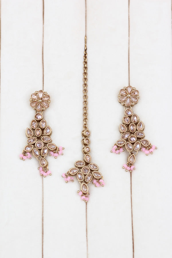 Pink Petit Polki Necklace With Matching Earring And Tikka  (NS010-P-Polki-B1)