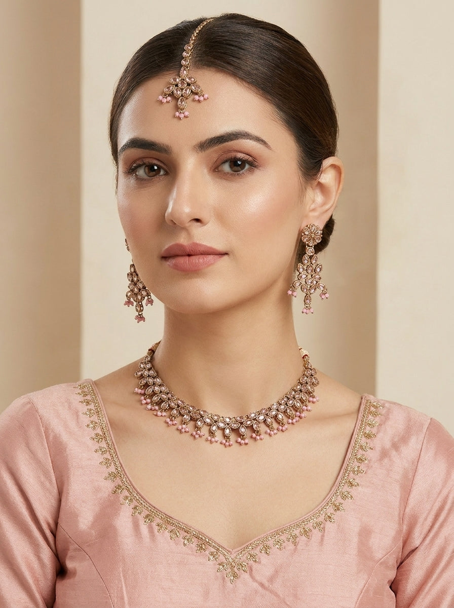 Pink Petit Polki Necklace With Matching Earring And Tikka
