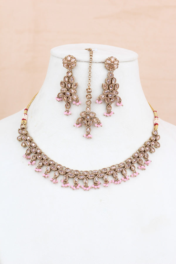 Pink Petit Polki Necklace With Matching Earring And Tikka  (NS010-P-Polki-B1)