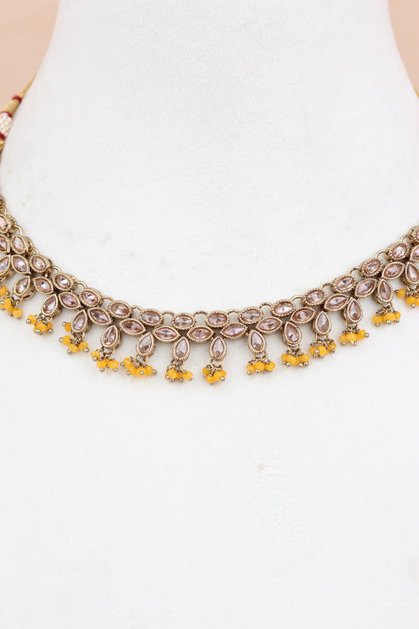 Yellow Petit Polki Necklace With Matching Earring And Tikka  (NS010-Y-Polki-B1)
