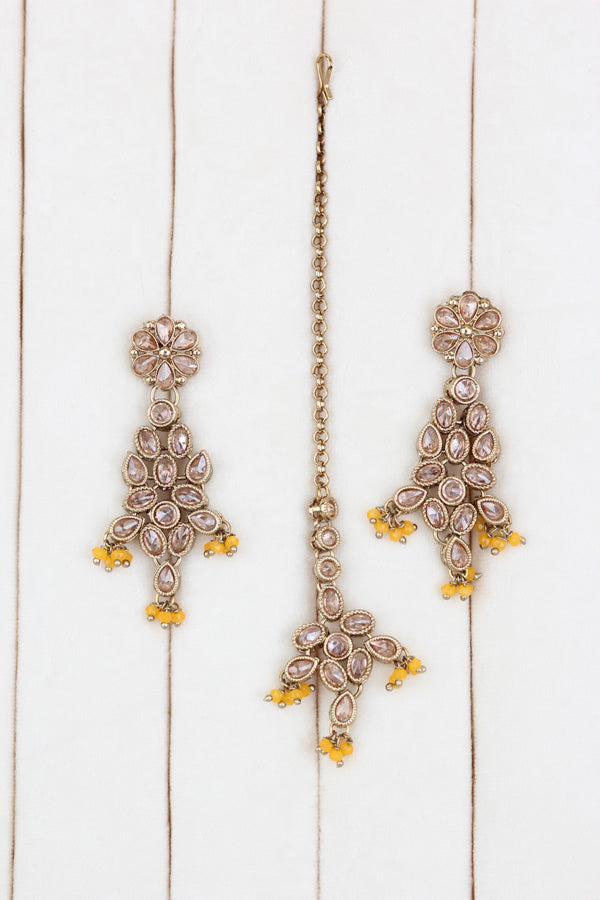 Yellow Petit Polki Necklace With Matching Earring And Tikka  (NS010-Y-Polki-B1)