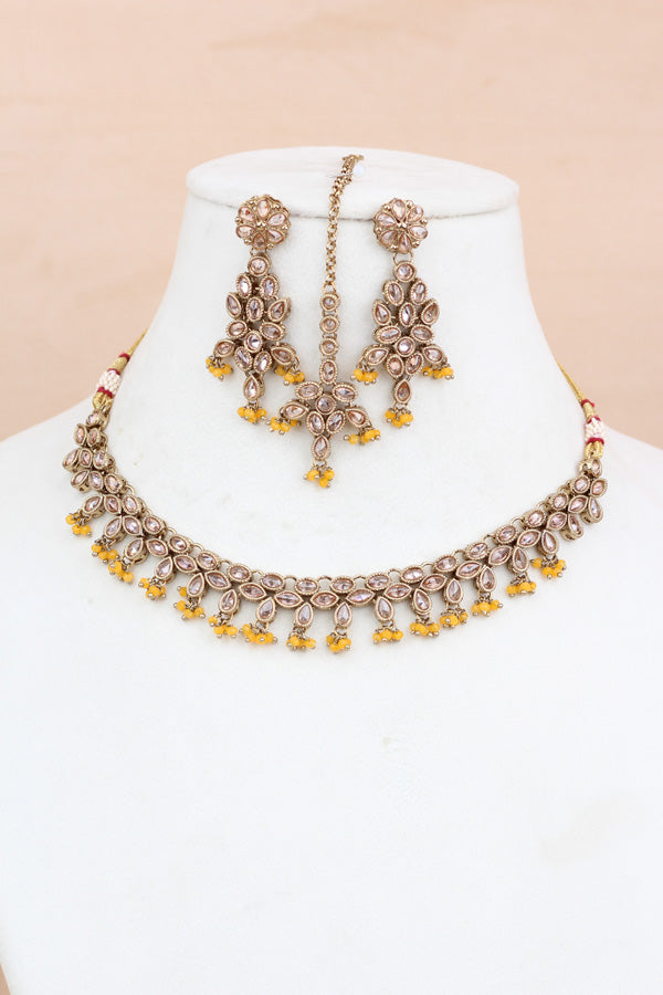 Yellow Petit Polki Necklace With Matching Earring And Tikka  (NS010-Y-Polki-B1)