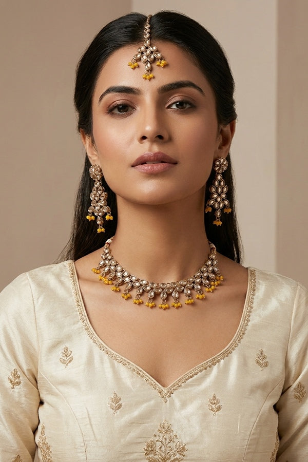 Yellow Petit Polki Necklace With Matching Earring And Tikka