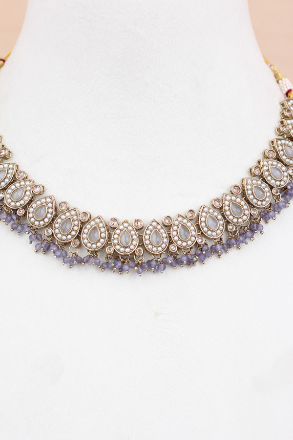 Lavender Small And Light Weight Polki Necklace Set In Lavender Colour Also With Jhumki Earrings And Tikka (NS011-LAV-Polki-B1)