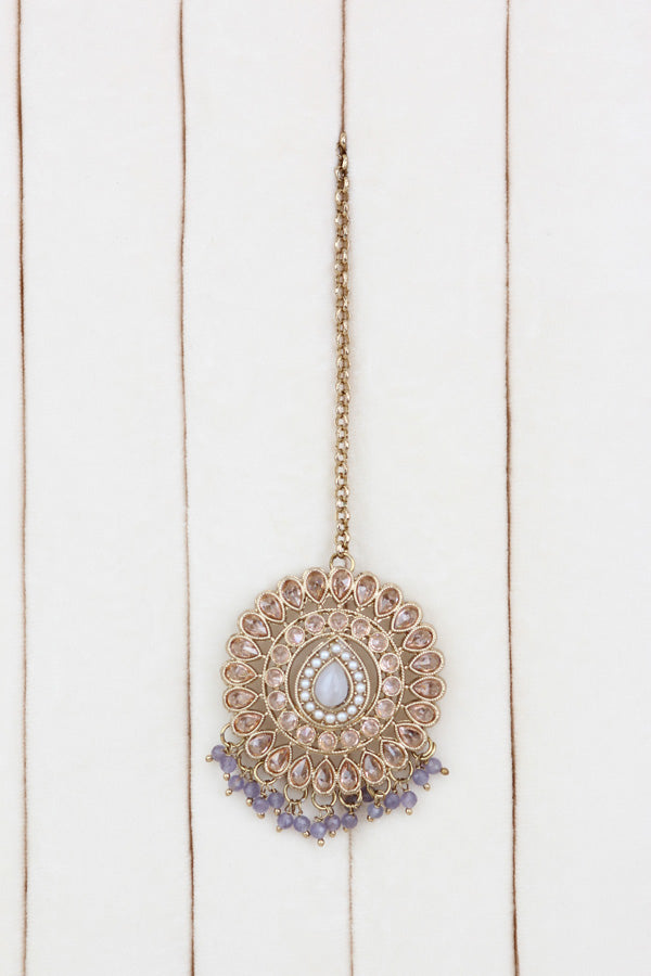 Lavender Small And Light Weight Polki Necklace Set In Lavender Colour Also With Jhumki Earrings And Tikka (NS011-LAV-Polki-B1)