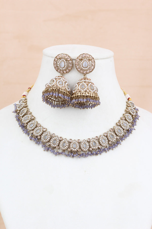 Lavender Small And Light Weight Polki Necklace Set In Lavender Colour Also With Jhumki Earrings And Tikka (NS011-LAV-Polki-B1)