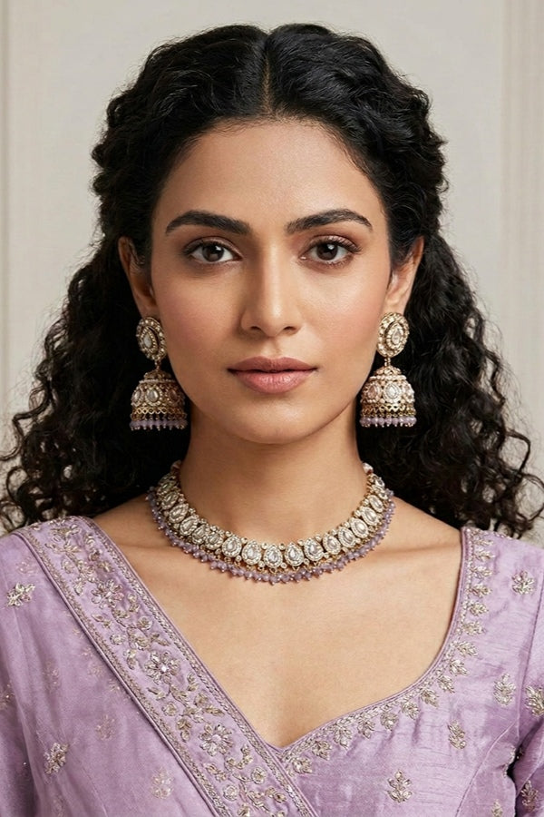 Lavender Small And Light Weight Polki Necklace Set In Lavender Colour Also With Jhumki Earrings And Tikka 