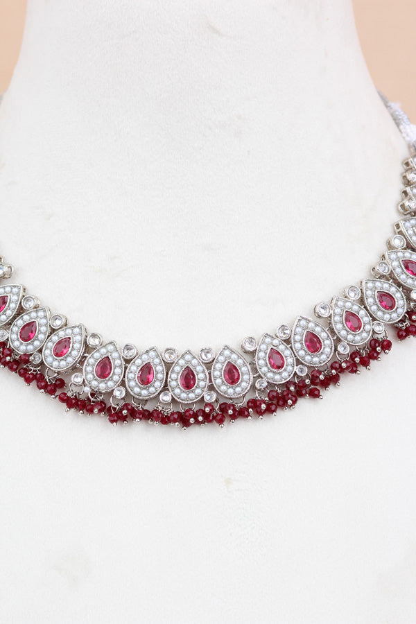 Maroon Small And Light Weight Polki Necklace Set In Maroon Colour Also With Jhumki Earrings And Tikka (NS011-M-Polki-B1)
