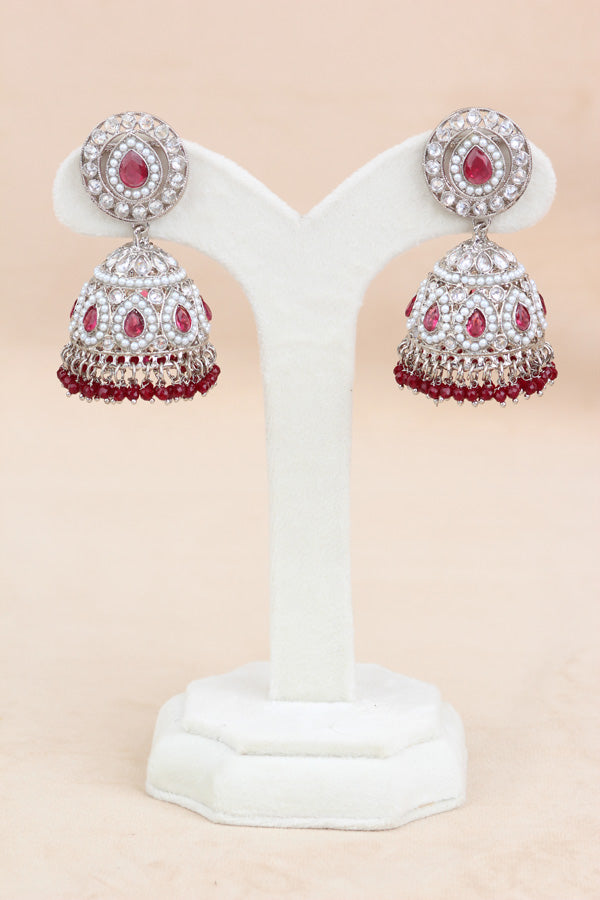 Maroon Small And Light Weight Polki Necklace Set In Maroon Colour Also With Jhumki Earrings And Tikka (NS011-M-Polki-B1)