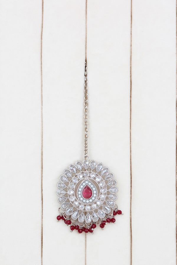 Maroon Small And Light Weight Polki Necklace Set In Maroon Colour Also With Jhumki Earrings And Tikka (NS011-M-Polki-B1)